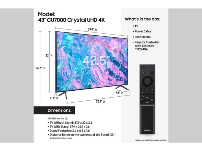 SAMSUNG 43" CU7000 Crystal UHD 4K Smart TV - Image 5